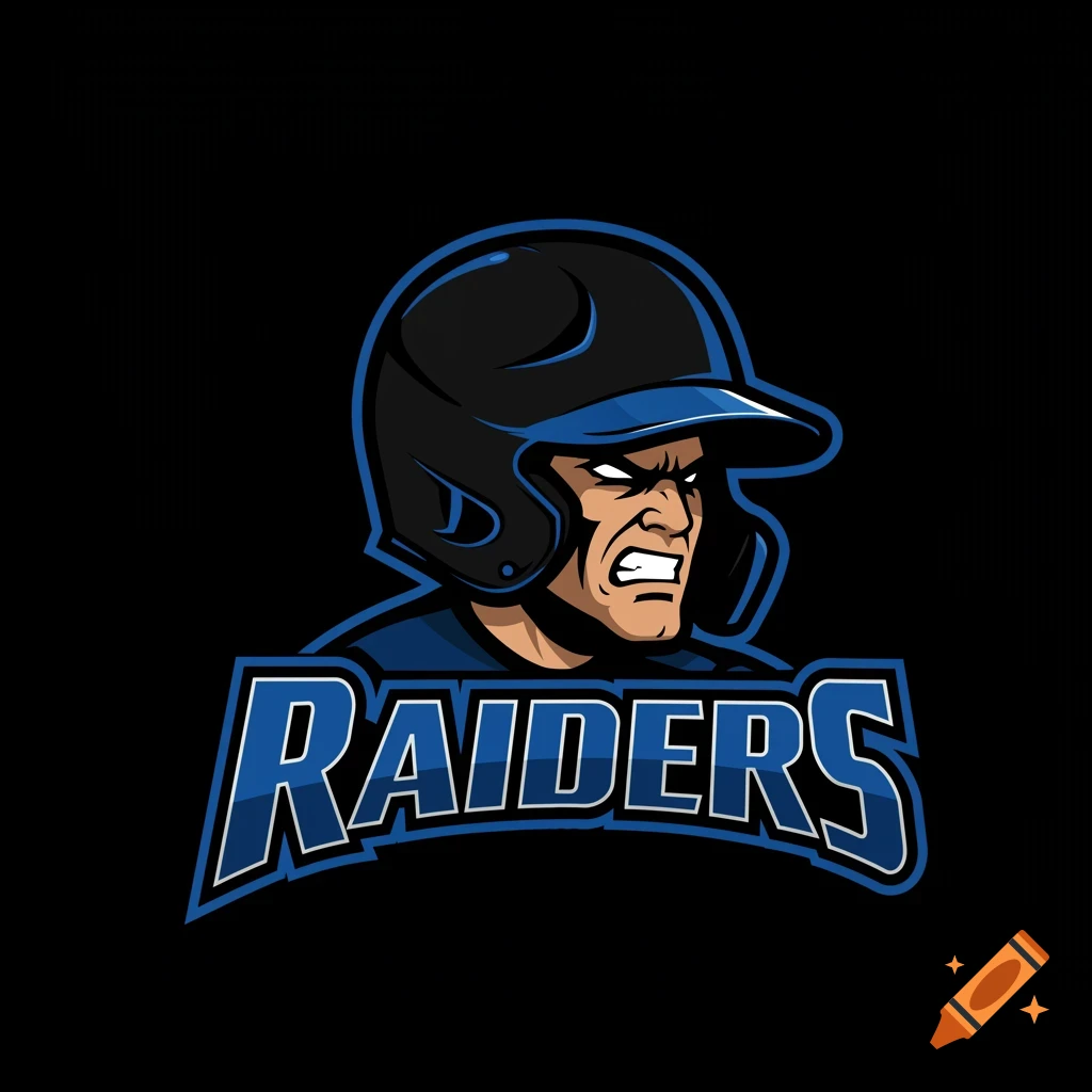 Sports logo illustration of a fierce character wearing a baseball helmet with the text RAIDERS below.