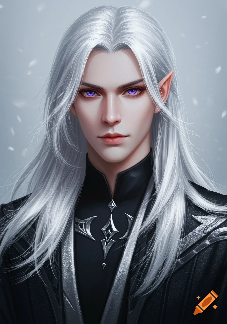Portrait of a young man with long white hair, purple eyes, and fantasy clothing with snow falling.