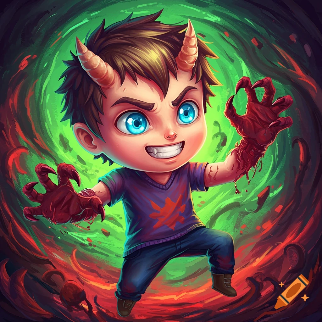 Cartoonish boy transforming into a monster with claws and horns in a vibrant scene.