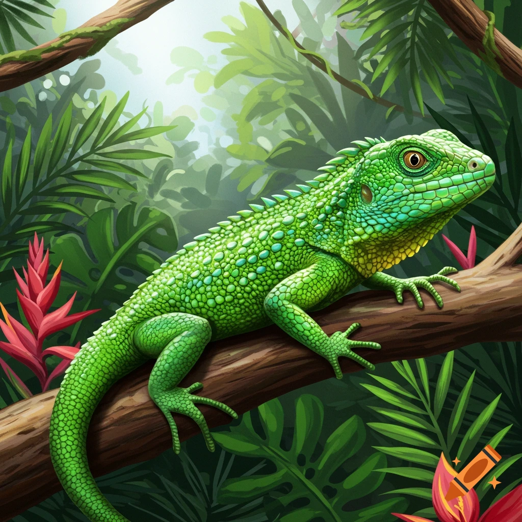 A bright green lizard sits on a brown branch in a lush, green jungle.
