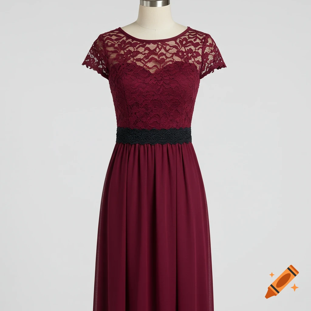 Dark red dress with lace top, chiffon skirt, and black lace belt on a mannequin.