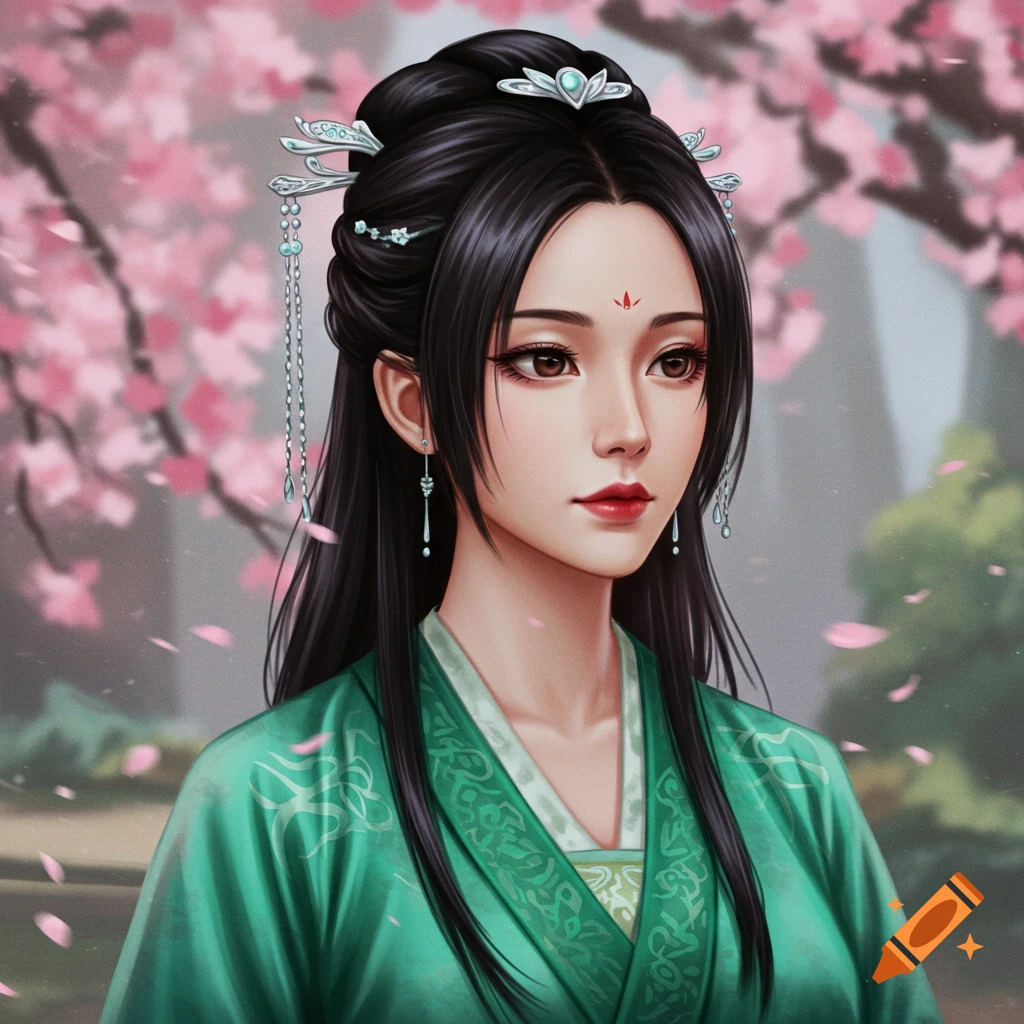 A portrait of a woman in traditional green attire with cherry blossoms in the background.
