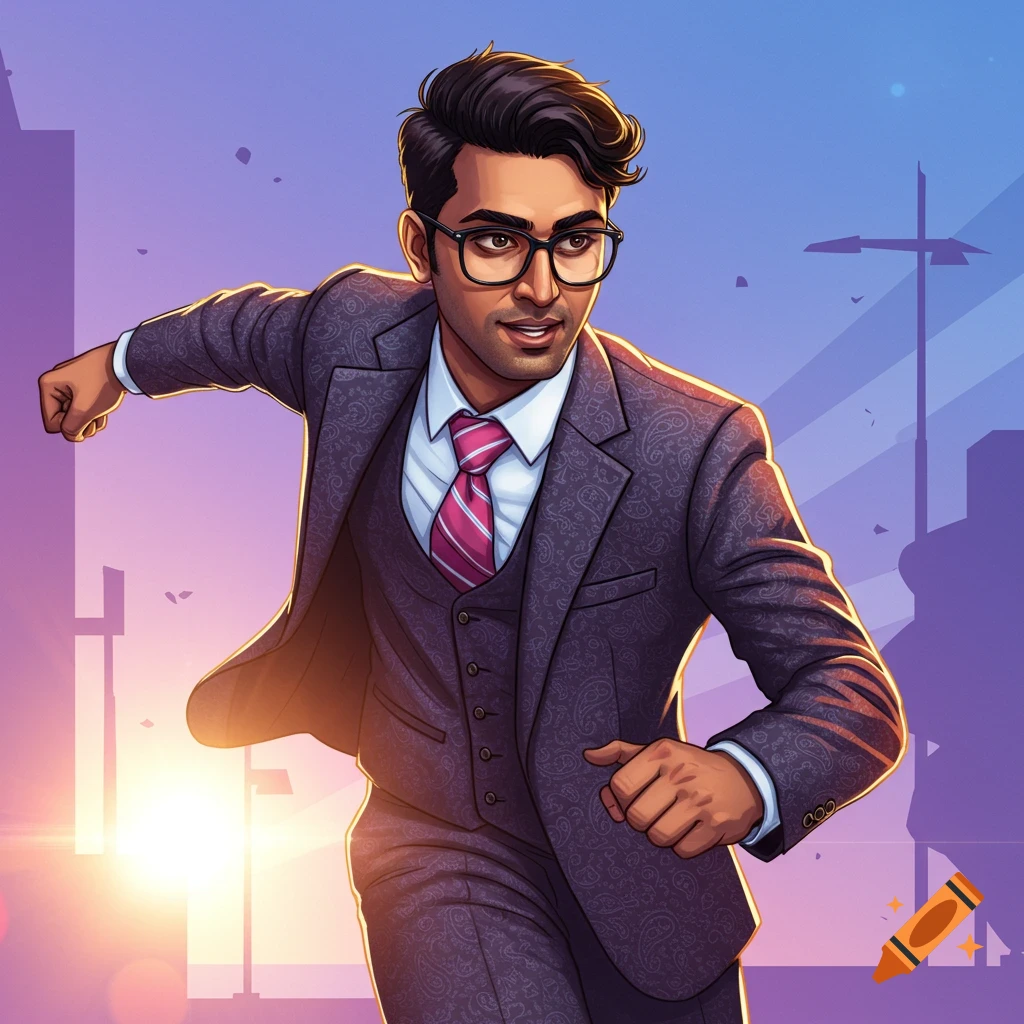 A man in a suit is running forward in an urban setting at sunset.