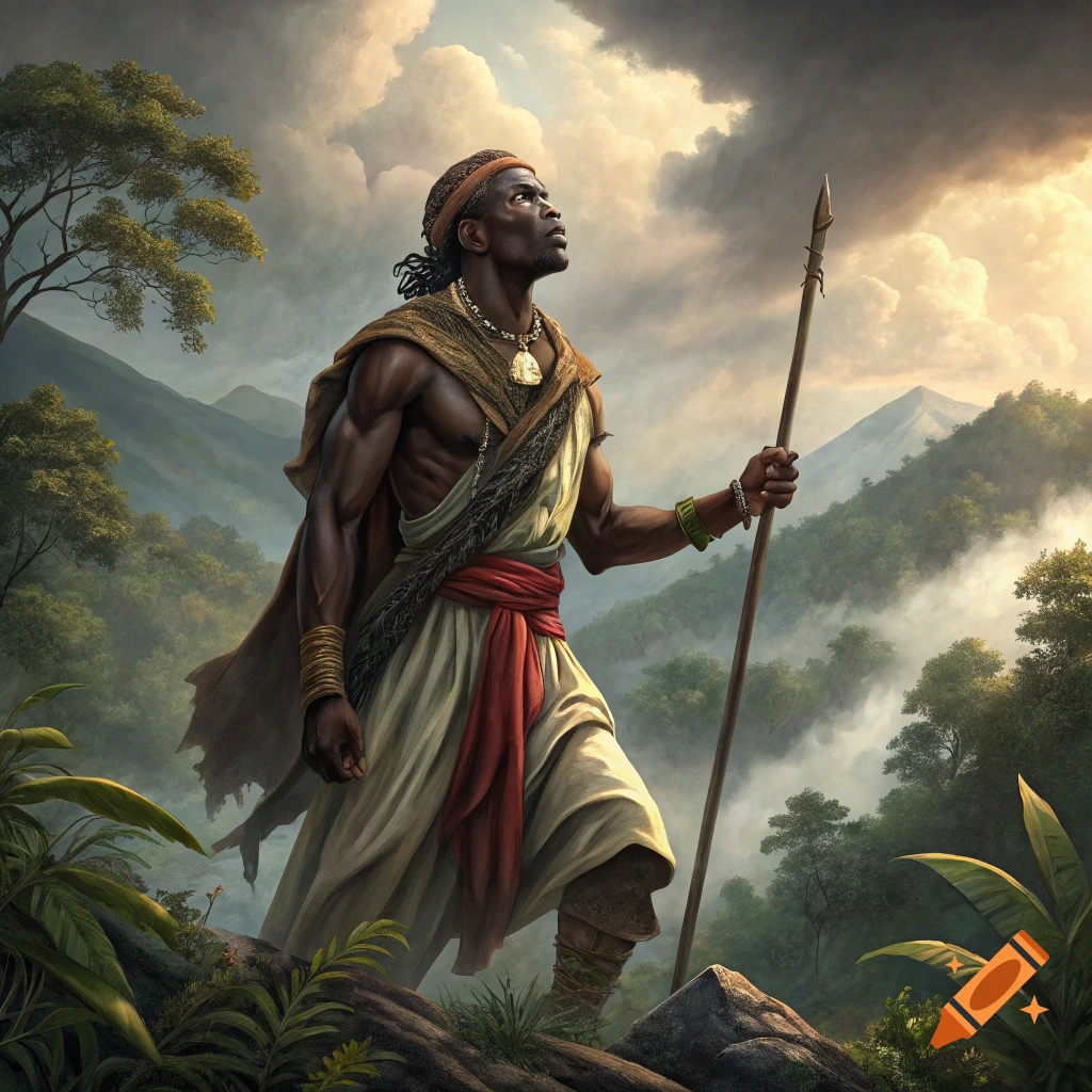 Man in traditional clothing holding a spear, standing on rocks overlooking a misty, forested mountain landscape, looking up at stormy clouds.