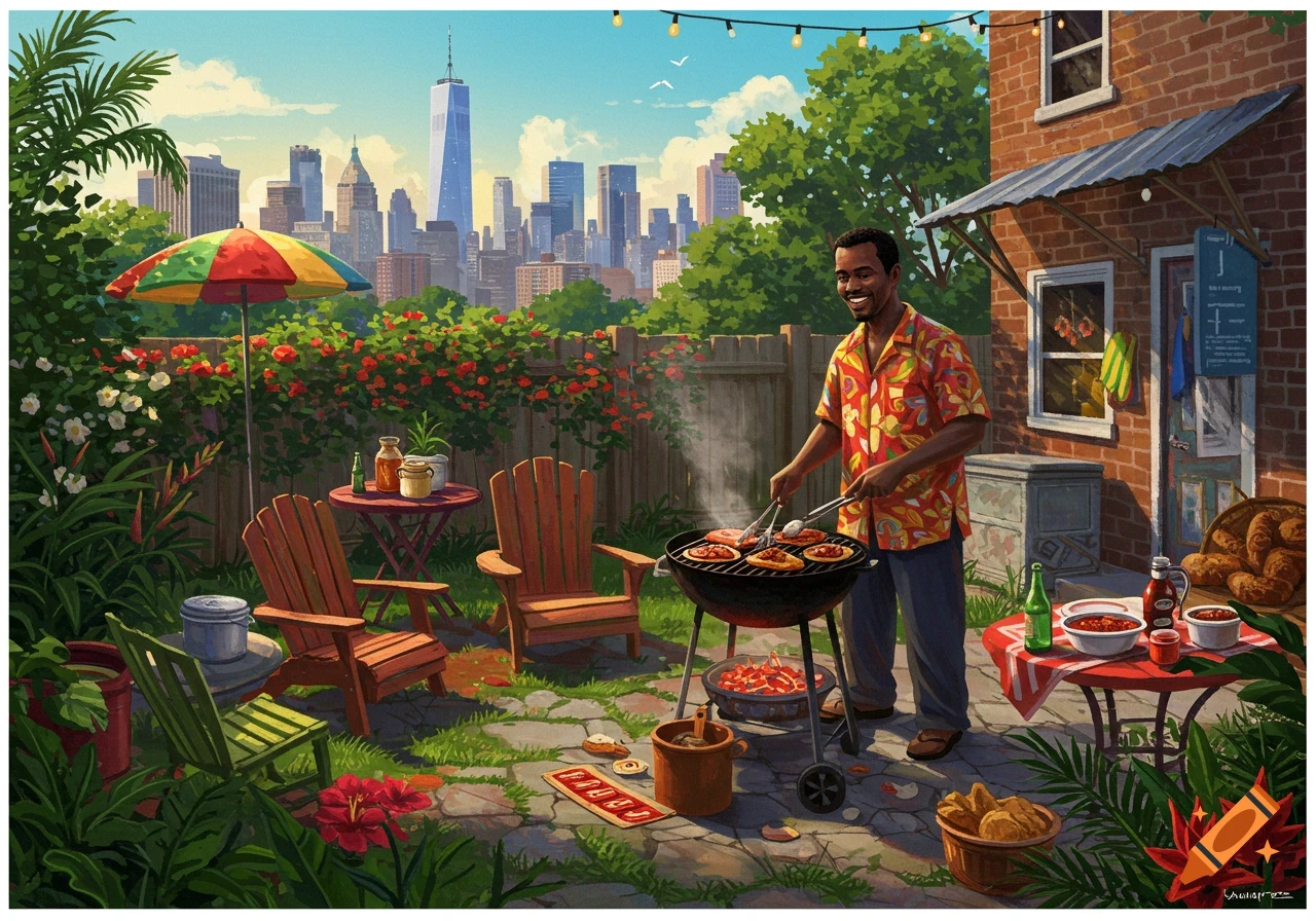 A man is grilling in a backyard with a city skyline in the background.