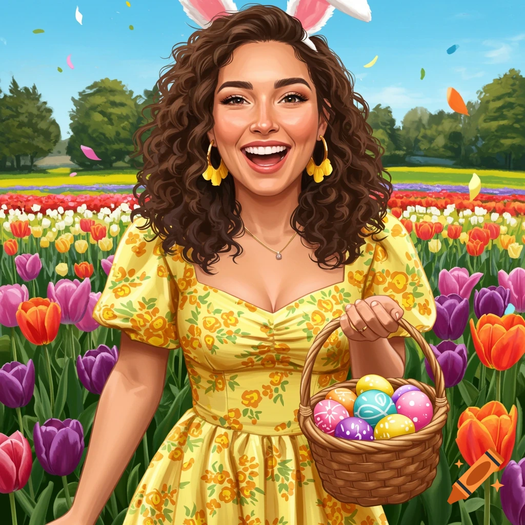 A joyful woman with bunny ears holds an Easter basket in a field of colorful tulips under a blue sky.