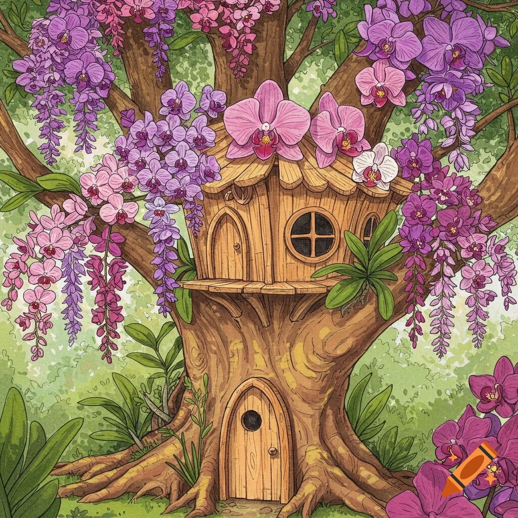 An illustration of a whimsical treehouse nestled in a tree, adorned with pink and purple orchids.