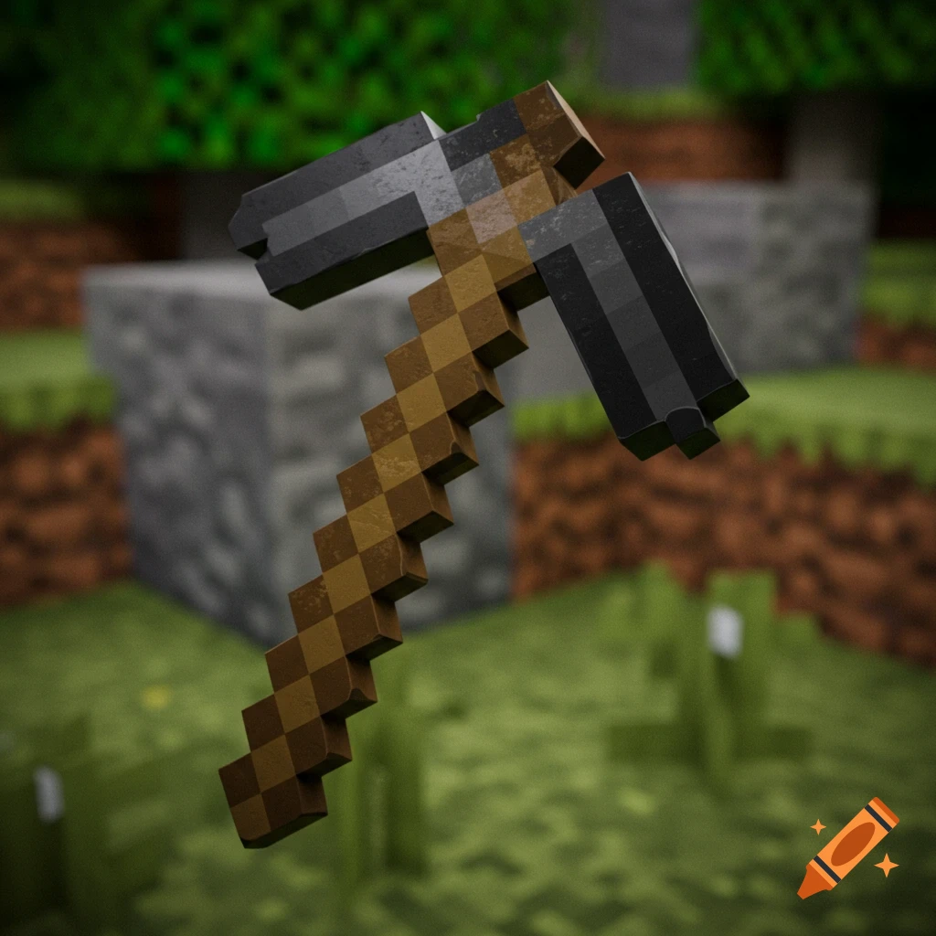 A close-up 3D render of a Minecraft pickaxe floating in a blocky environment.