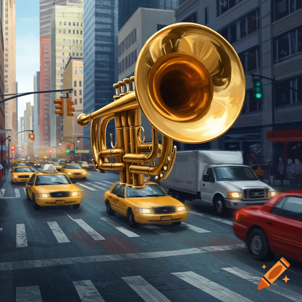 A giant golden trumpet is carried on top of a yellow taxi driving through busy city traffic.
