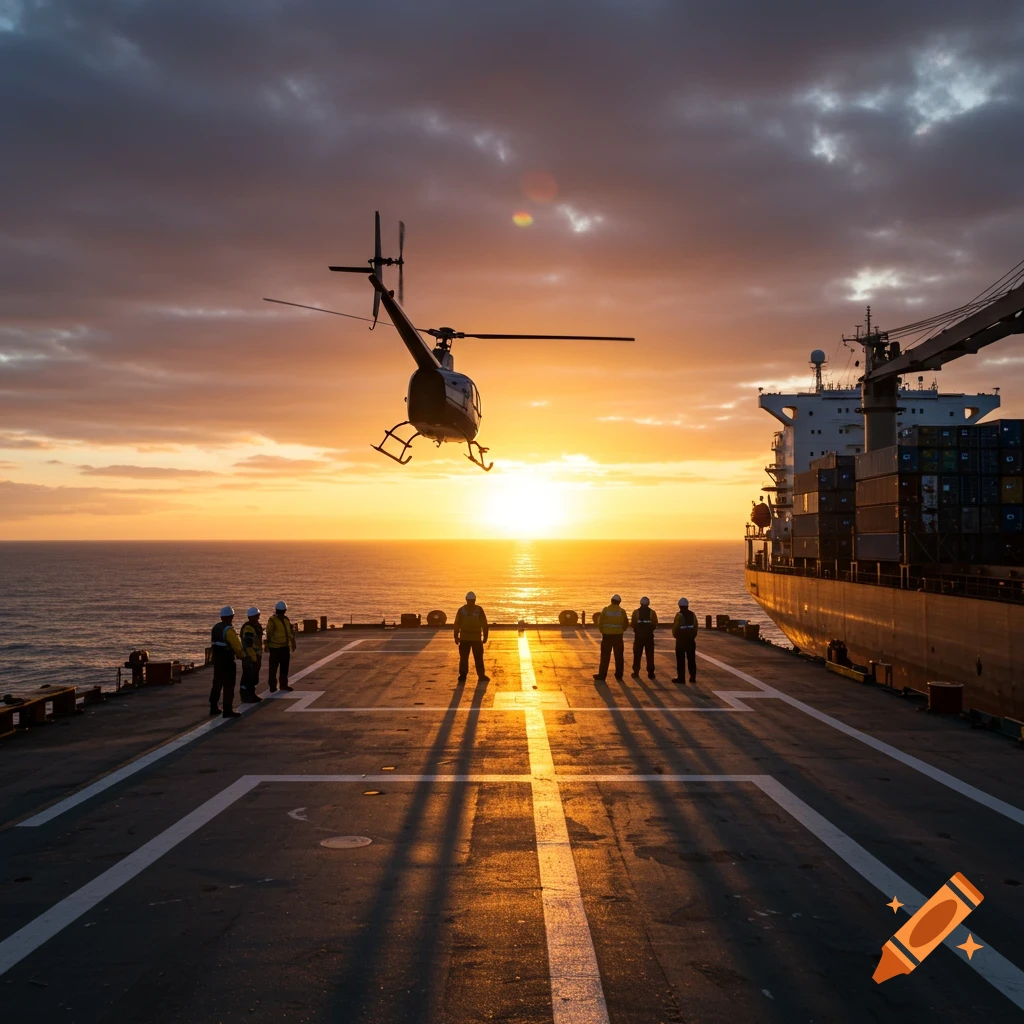A helicopter lands on a cargo ship deck at sunset, with crew members watching. Ocean horizon.