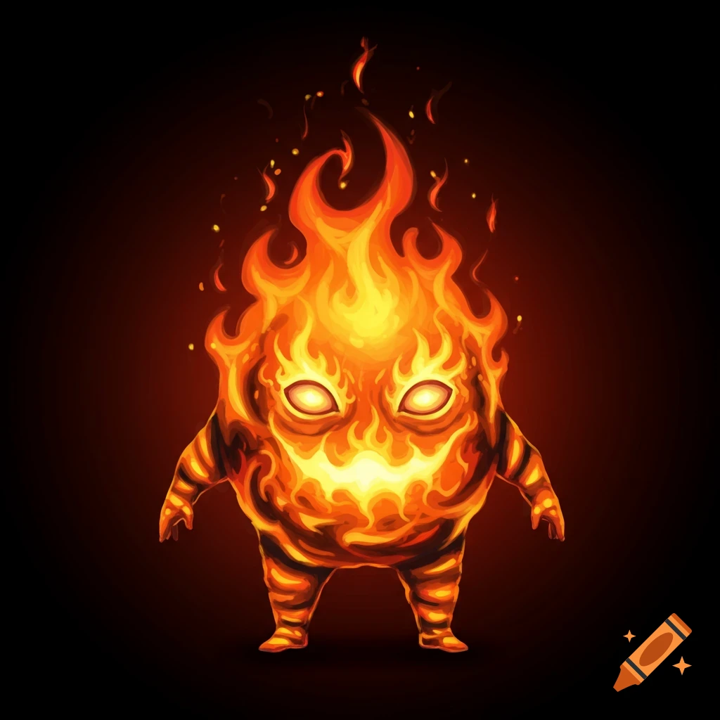 A cartoon fire monster with glowing eyes and a wide mouth.