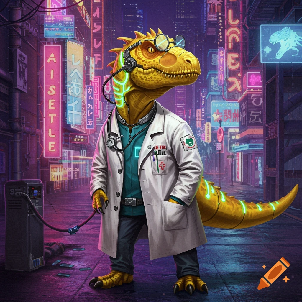 A yellow dinosaur doctor in a lab coat and glasses stands in a cyberpunk city with neon signs.