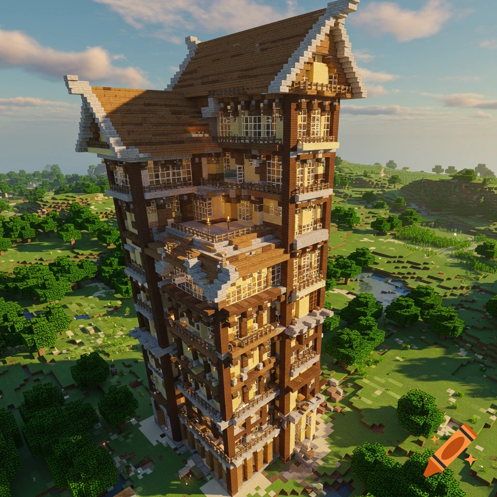Tall multi-story building constructed with brown and grey blocks in a grassy landscape, resembling the style of Minecraft.