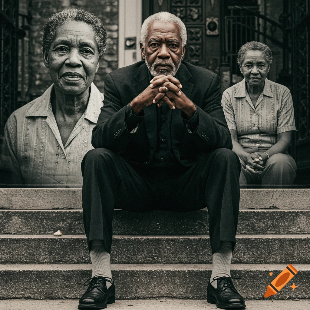 An elderly Black man sits on concrete steps in black and white, with faint overlayed images of older women behind him.