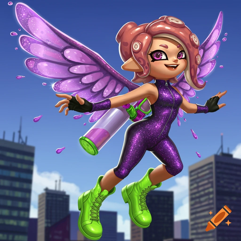 An Octoling character from Splatoon with a purple glitter suit and wings, flying over a city.