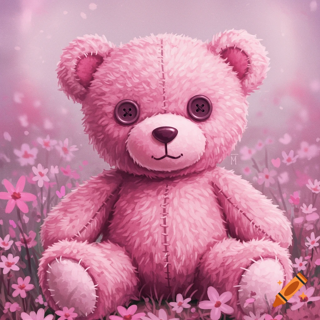 A pink fluffy teddy bear sits in a field of pink flowers.