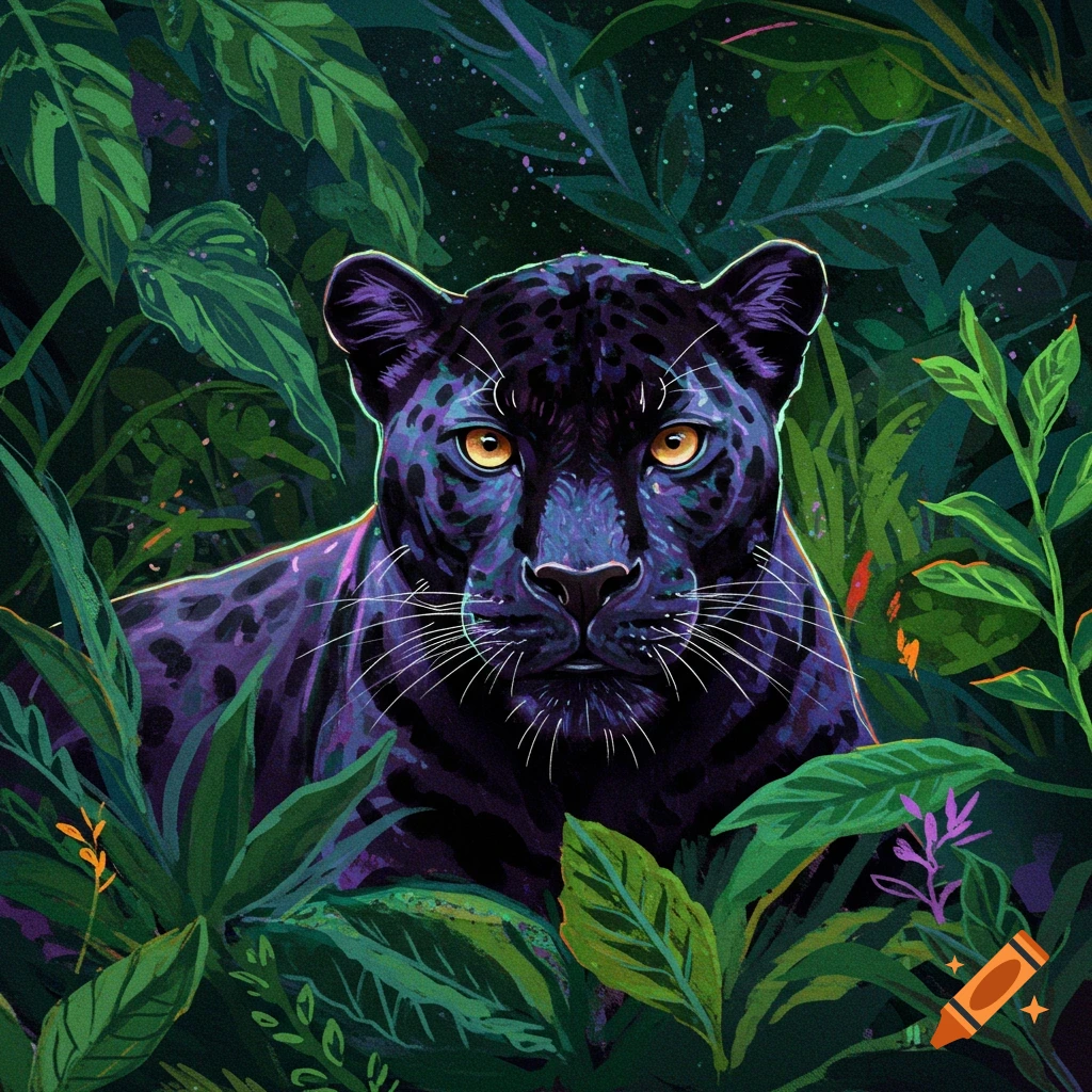 A black panther with yellow eyes in dense jungle foliage.