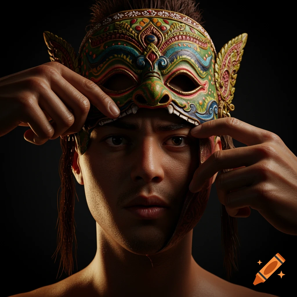 Person with vibrant, ornate mask being pulled off their face.