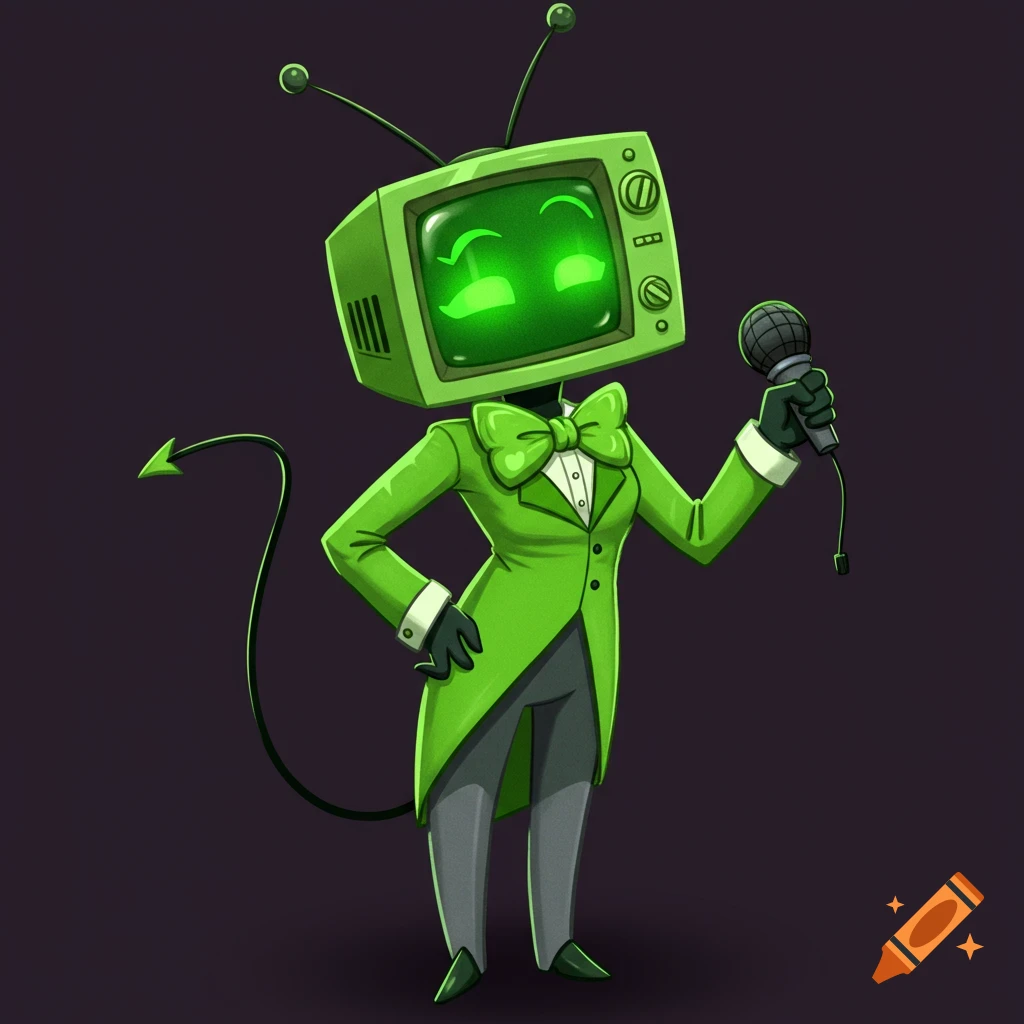 Image of a character with a green TV head, antennae, tail, and a green suit holding a microphone.