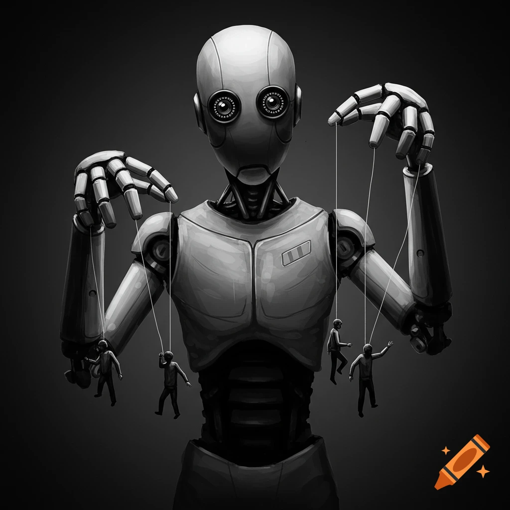 Monochrome surrealist of a robot puppeteer controlling human figures