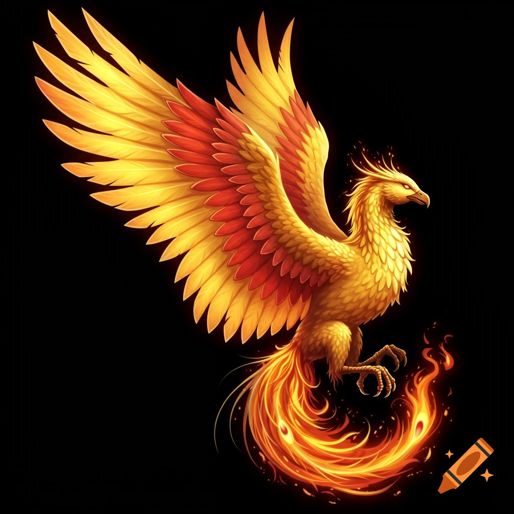 A golden phoenix with red-tipped wings flies with its tail trailing flames against a black background.
