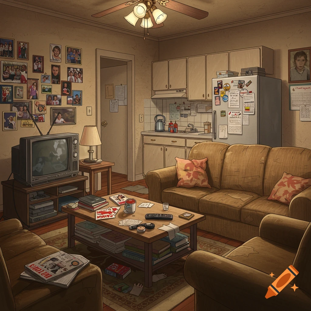 A messy, lived-in living room and kitchen area with old furniture, TV, books, and family photos.