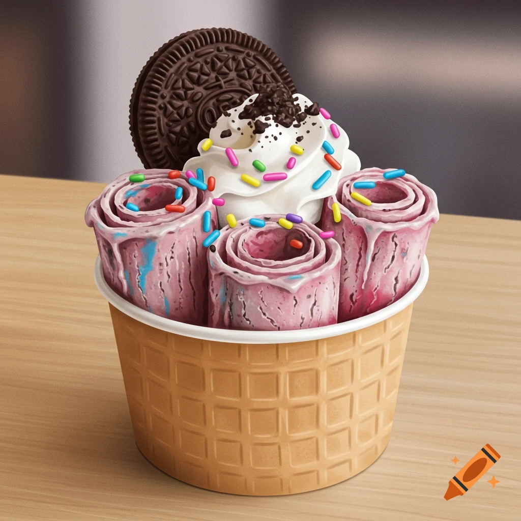 Rolled ice cream in a cup with an Oreo and sprinkles.