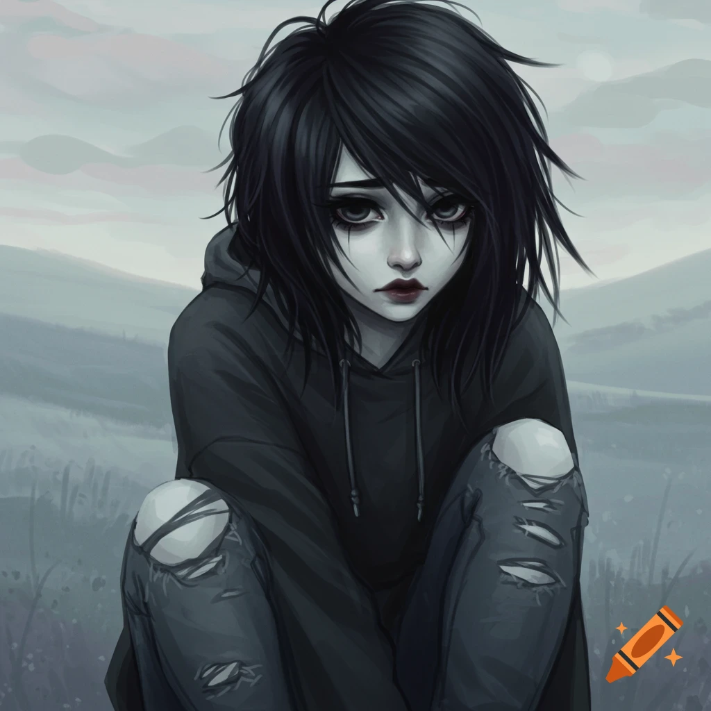 A young person with dark hair and makeup, wearing a dark hoodie and ripped jeans, is crouching in a grey landscape.