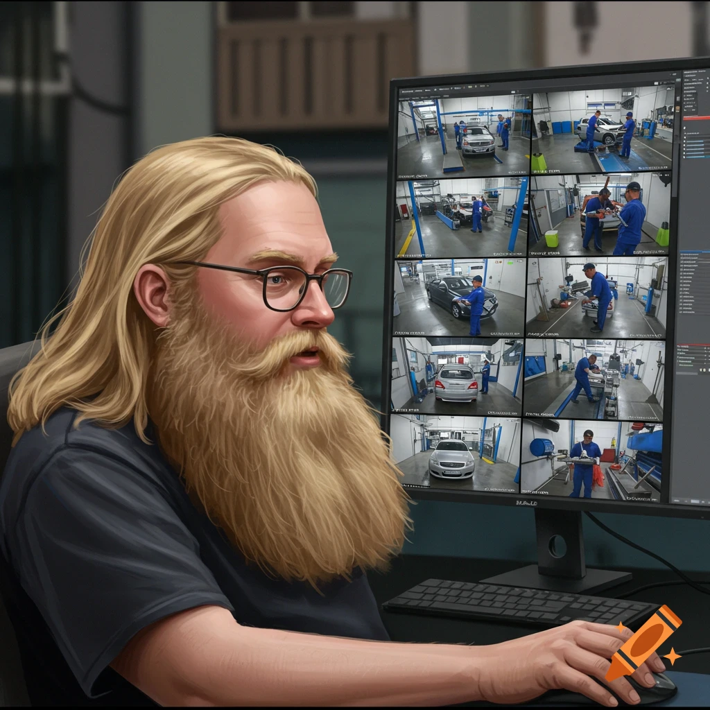 A man with long blonde hair and beard looks at a monitor displaying security feeds of a car repair shop.