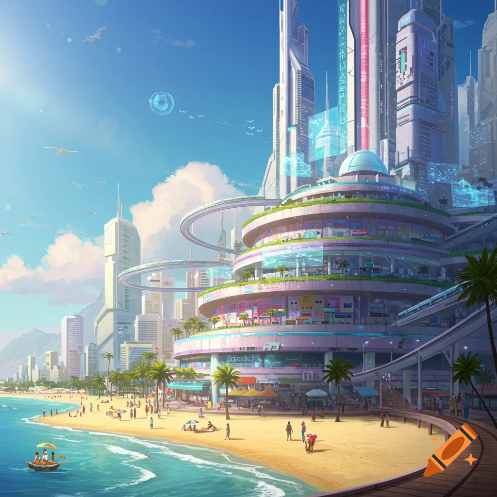 A vibrant image of a futuristic city beach.
