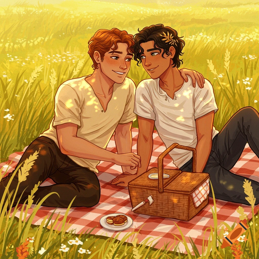 Will Solace and Nico di Angelo share a picnic blanket in a sunny field in a digital illustration.
