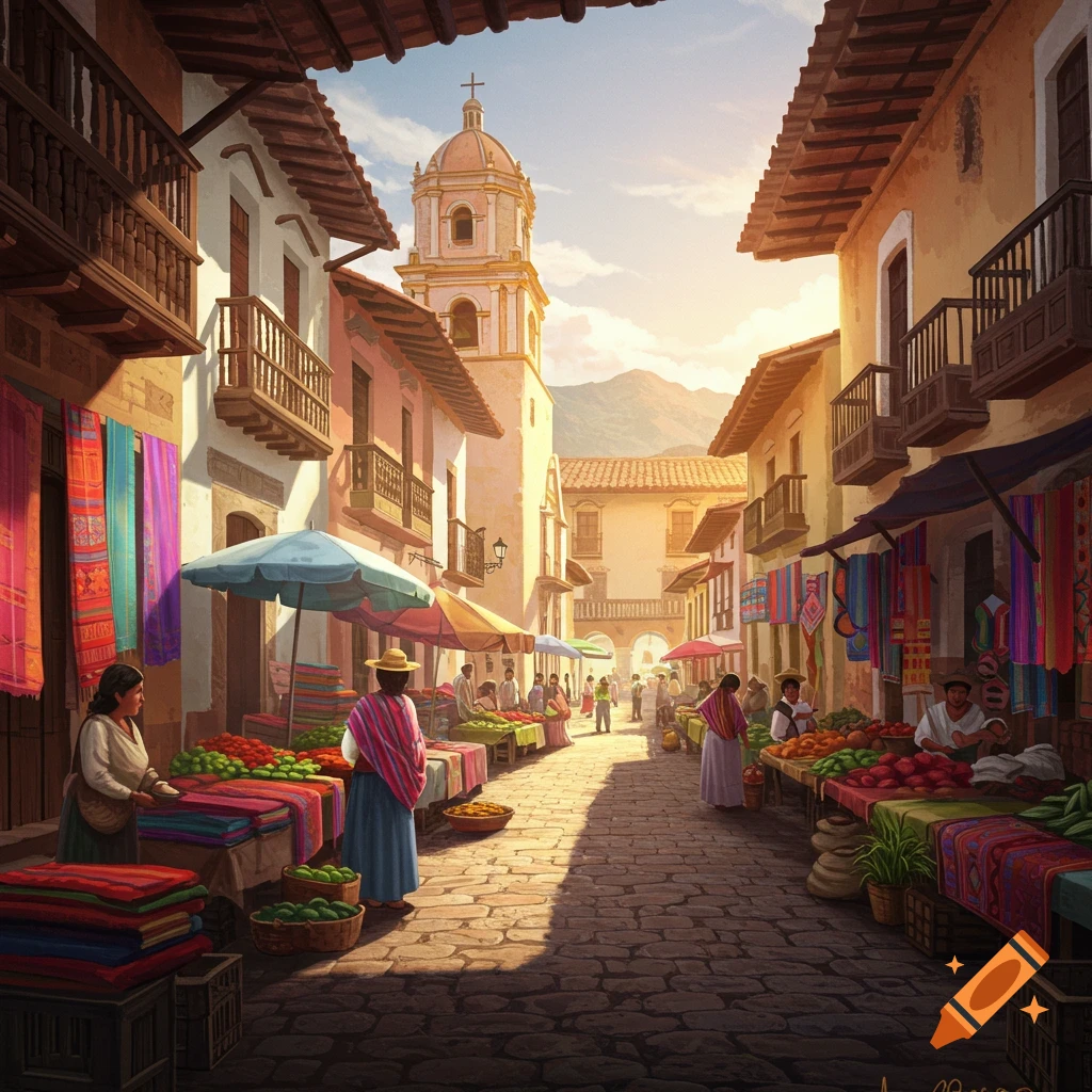 A vibrant marketplace in a sunny town square with people, stalls, and a church tower.