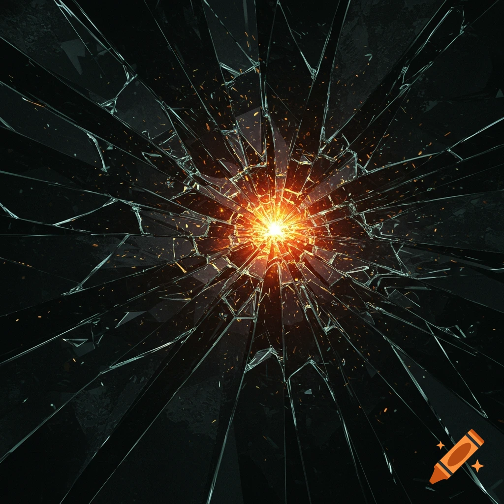 Shattered glass radiating outwards from a bright central light.