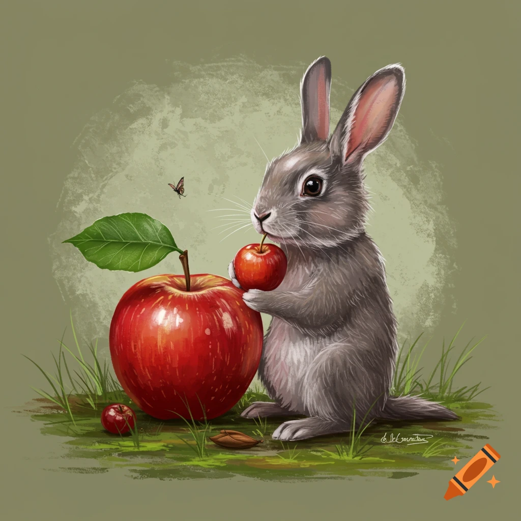 A rabbit is eating a small apple next to a large apple on the ground with a butterfly.