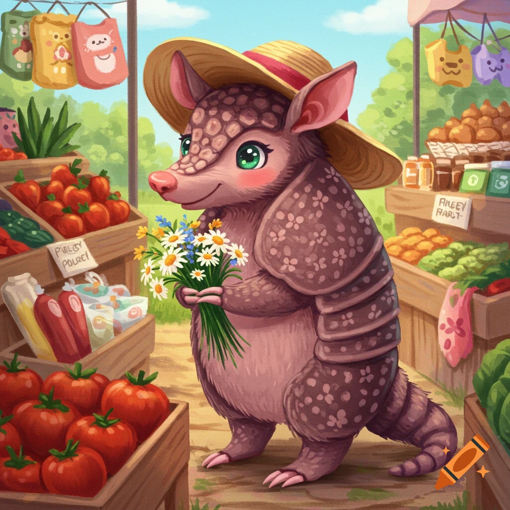 Cute cartoon armadillo in a straw hat holding flowers at a market stall filled with produce.