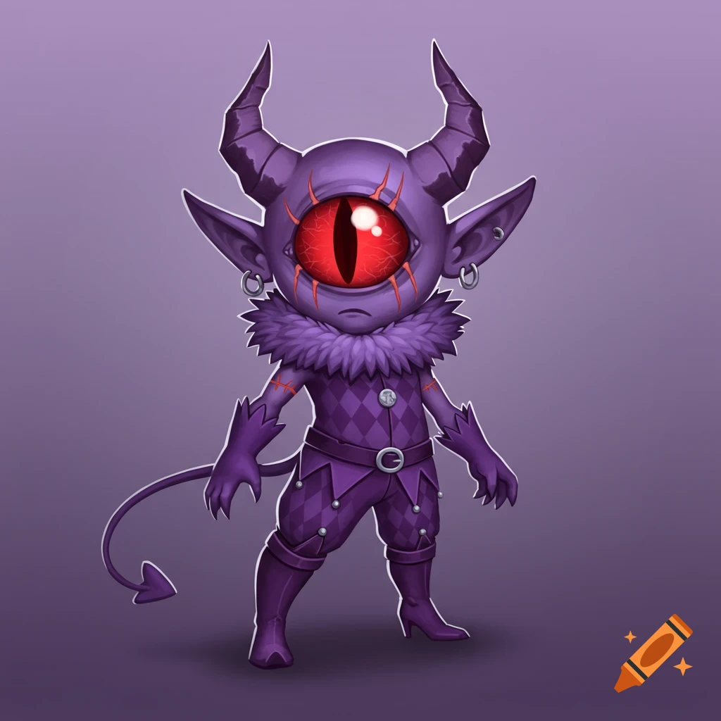 A small, purple, one-eyed monster character design with horns, ears, tail, and a harlequin outfit, standing on a purple background. Polished 2D digital art.