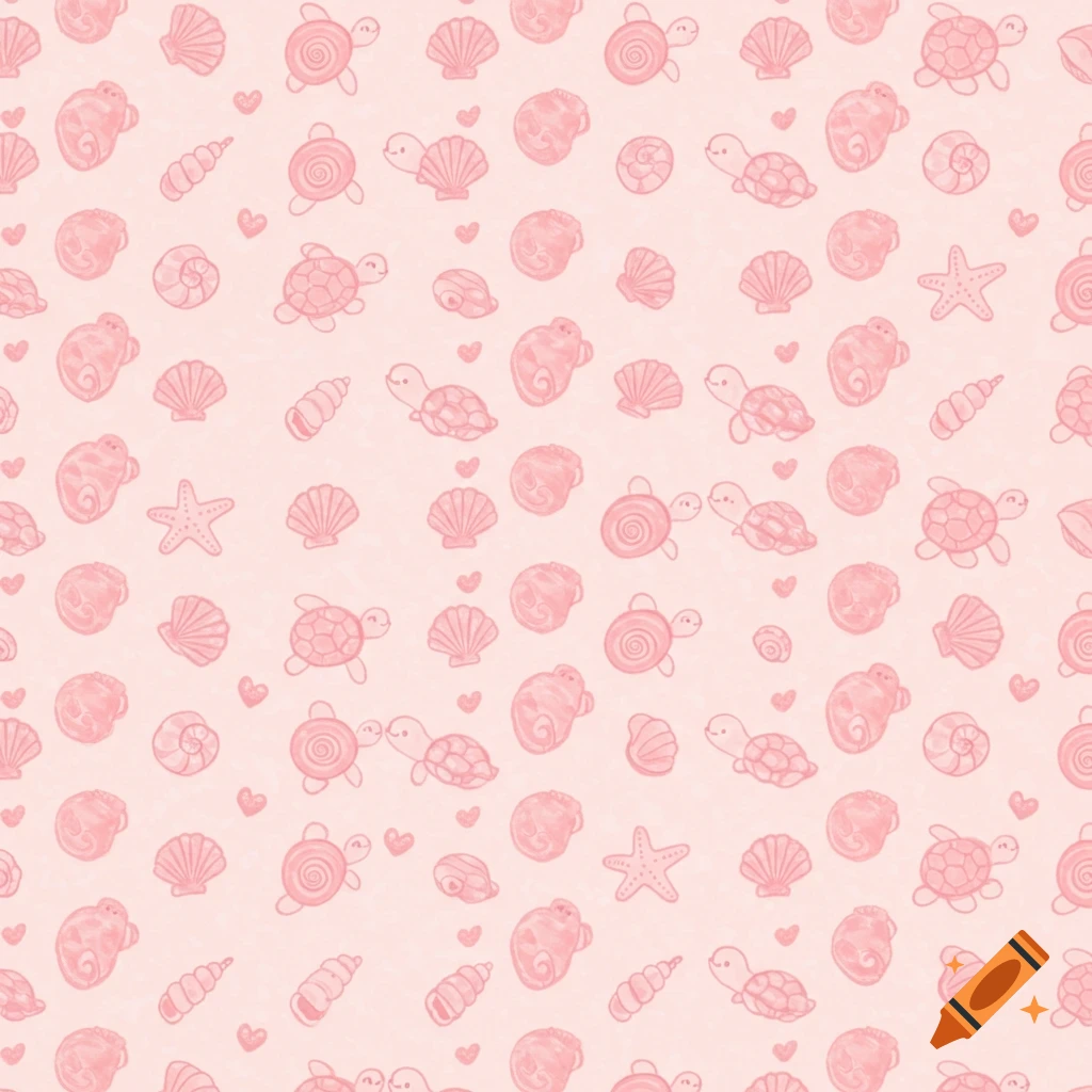 Seamless pattern of pink watercolor sea turtles, starfish, seashells, and hearts on a light pink background.