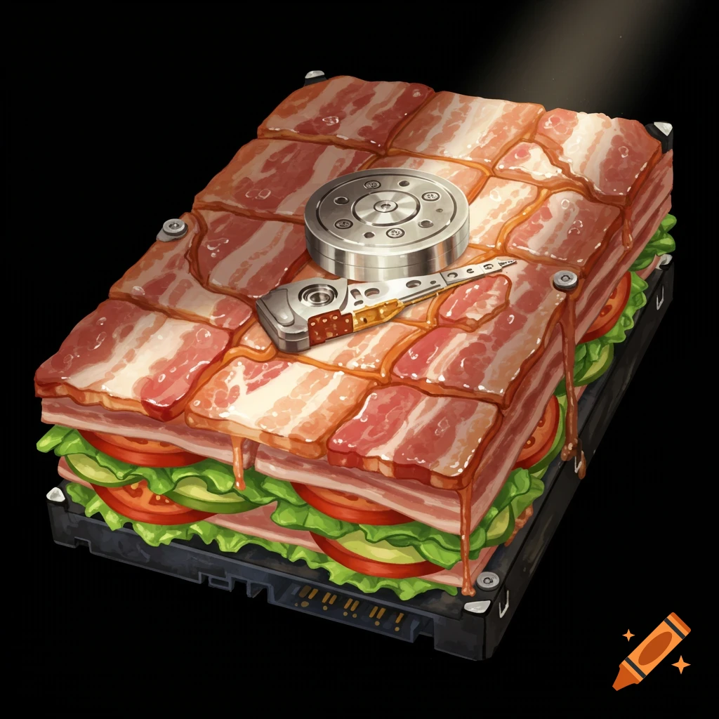 A computer hard drive is made of bacon, lettuce, and tomato slices, with a platter and head on top.