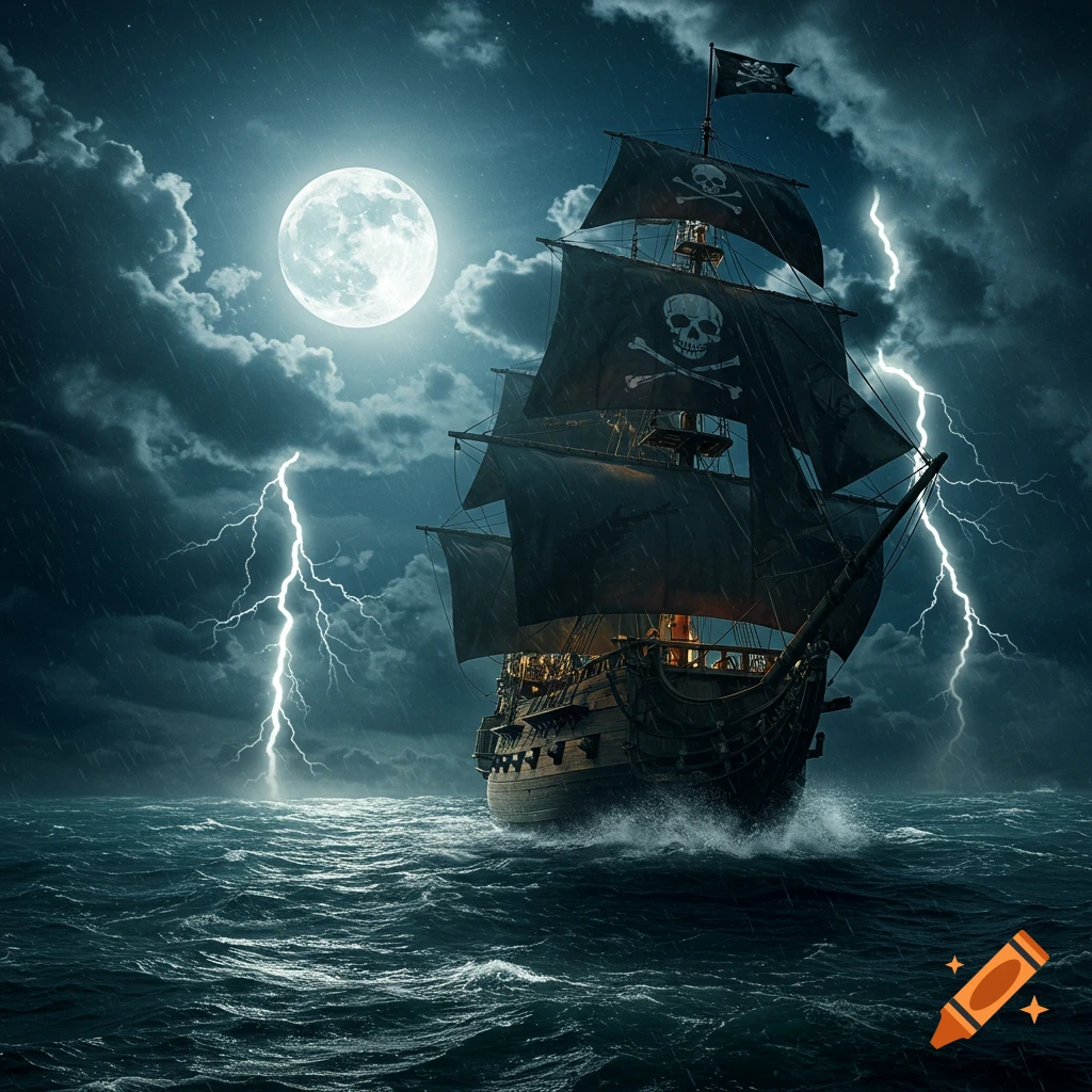 A pirate ship sailing through a stormy sea under a full moon with lightning