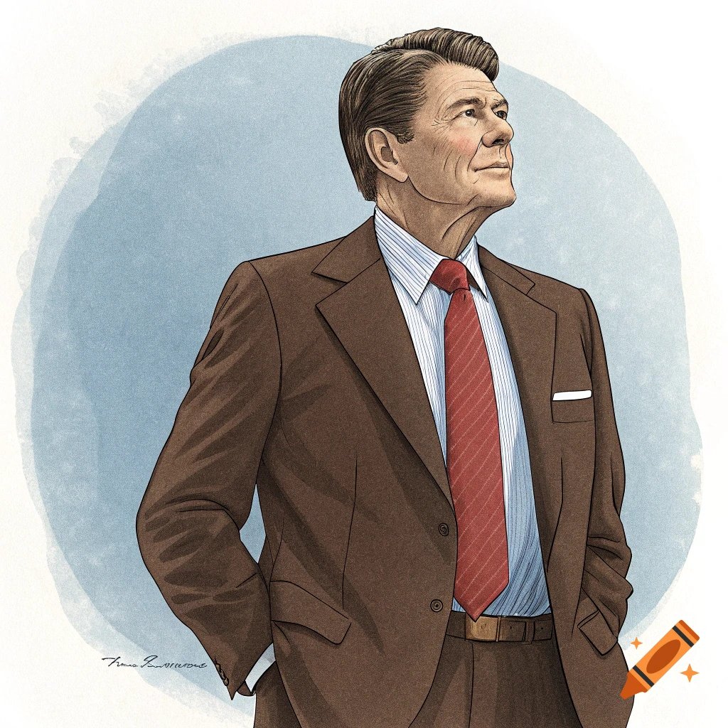 Illustration of a man resembling Ronald Reagan wearing a brown suit, blue shirt, and red tie.