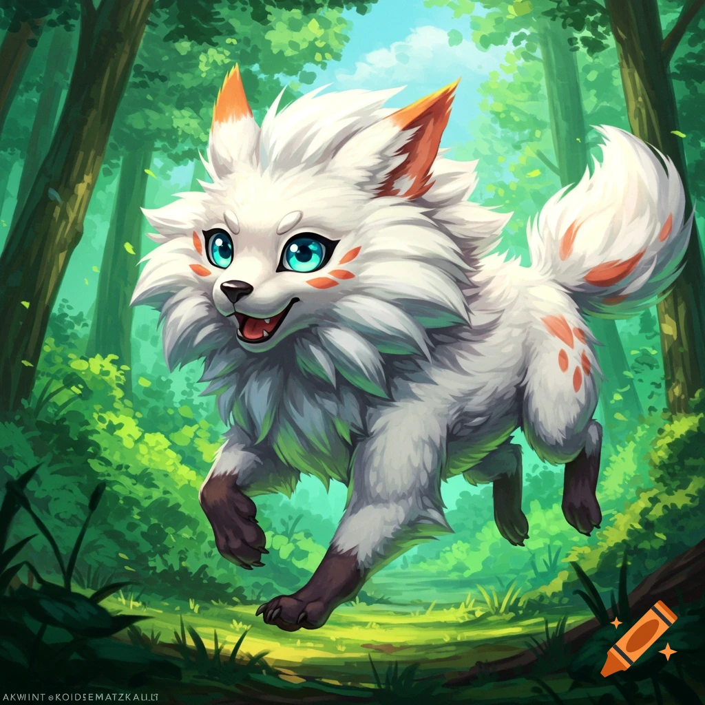 A stylized white fox-like creature with orange markings runs through a green forest.