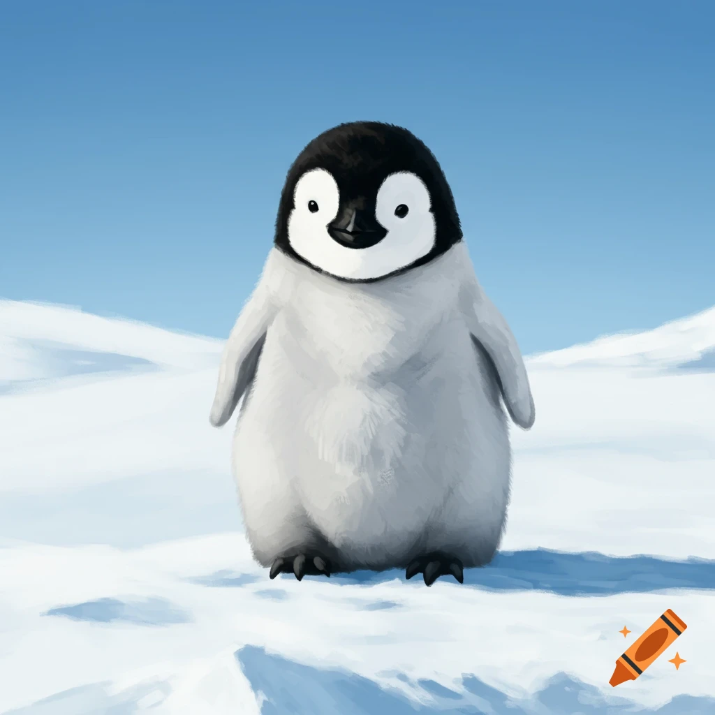 A cute baby penguin standing on snowy ground.