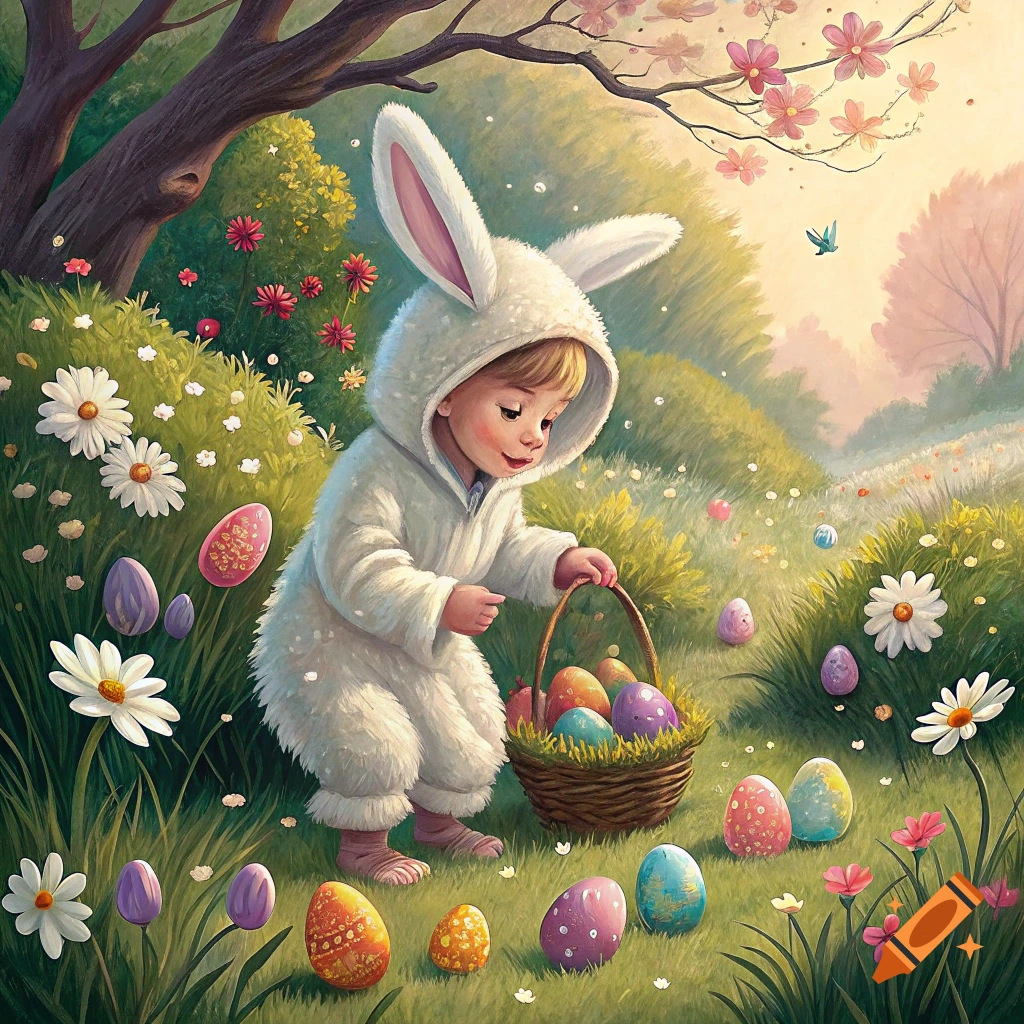 A child in a bunny costume collects Easter eggs in a flowery field.