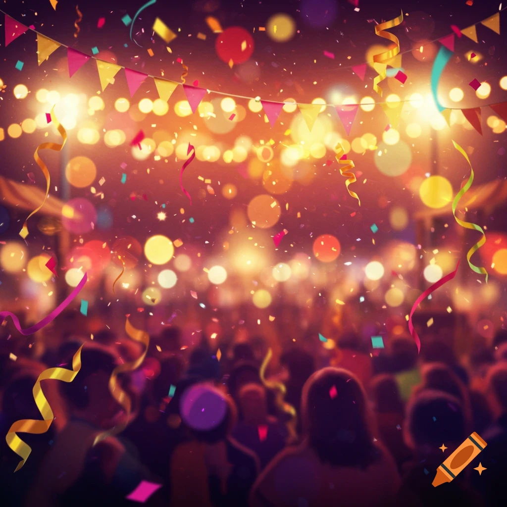 Confetti, streamers, and lights over a blurry crowd at a celebration.