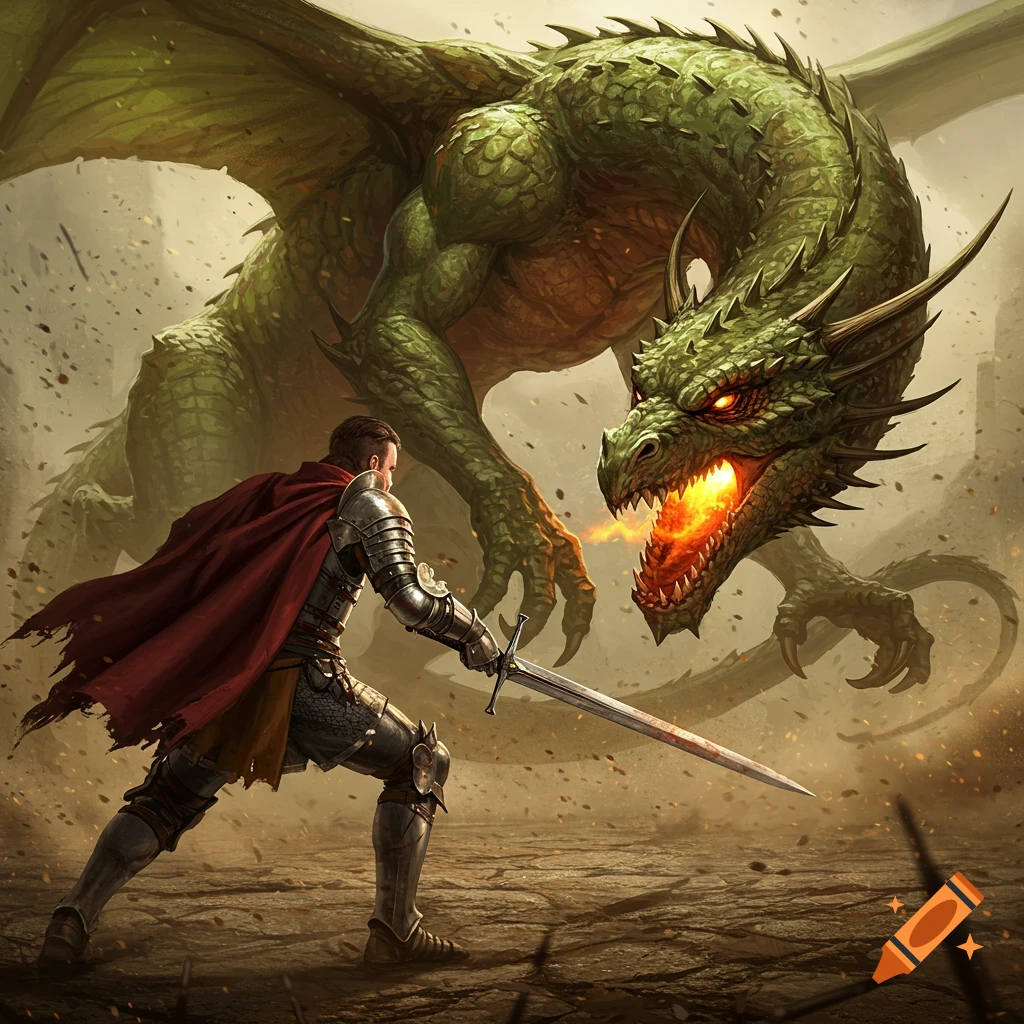 Knight battles a large green dragon breathing fire