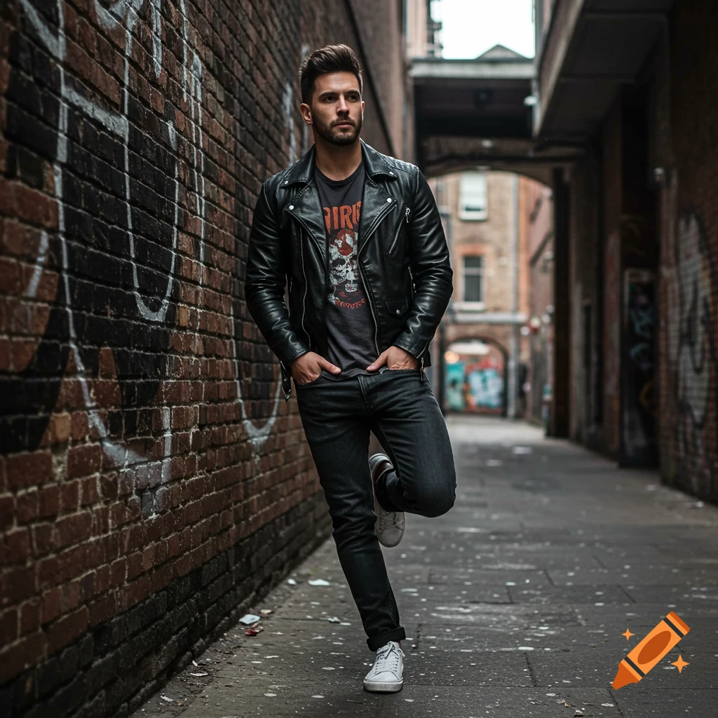 A man in a leather jacket and jeans leans against a graffiti-covered brick wall in an alleyway.