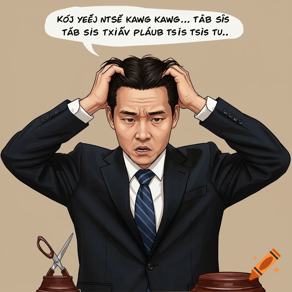 Painting of a man in a suit grabbing his head in frustration, with scissors and a block on a table.