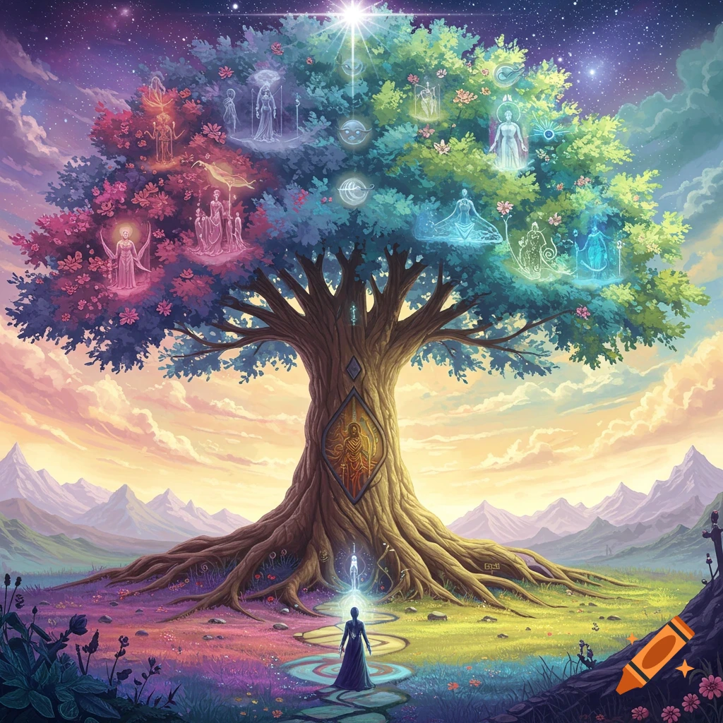 A luminous tree of life with figures, a person, and a vibrant mystical landscape.