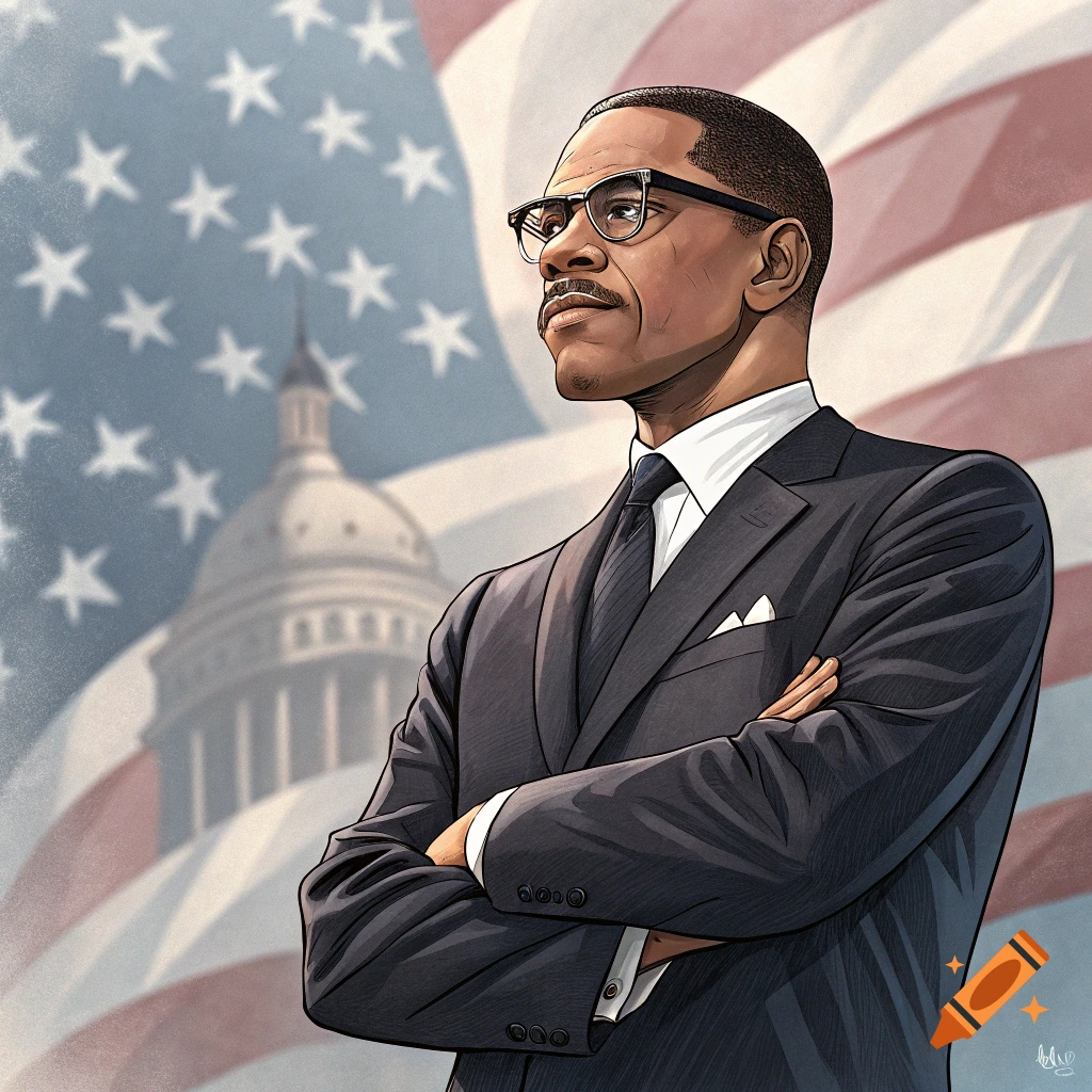 Illustration of a man in a suit standing in front of a US flag and the Capitol building.