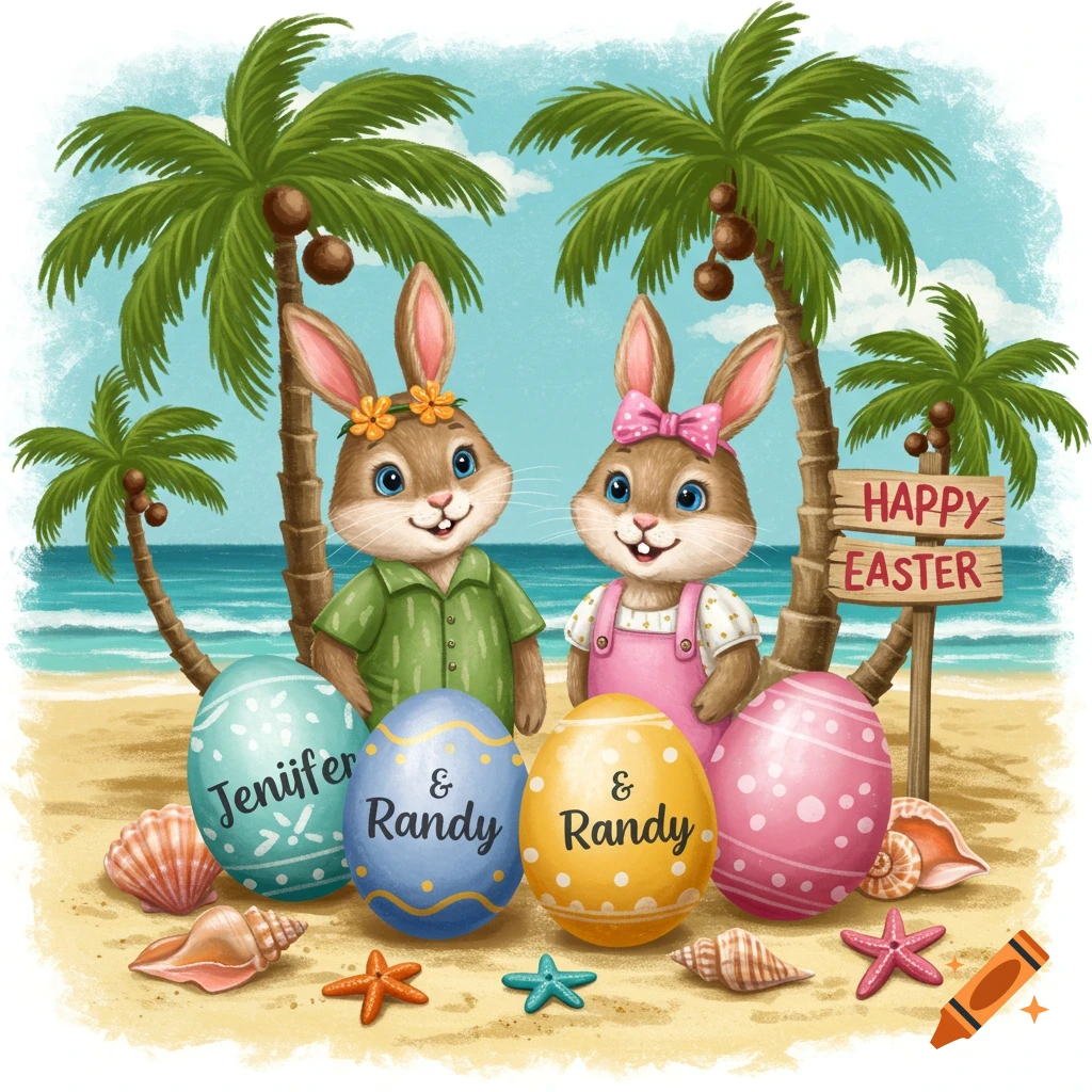 Two cartoon Easter bunnies are on a beach with decorated eggs saying names, a Happy Easter sign, palm trees, and seashells.